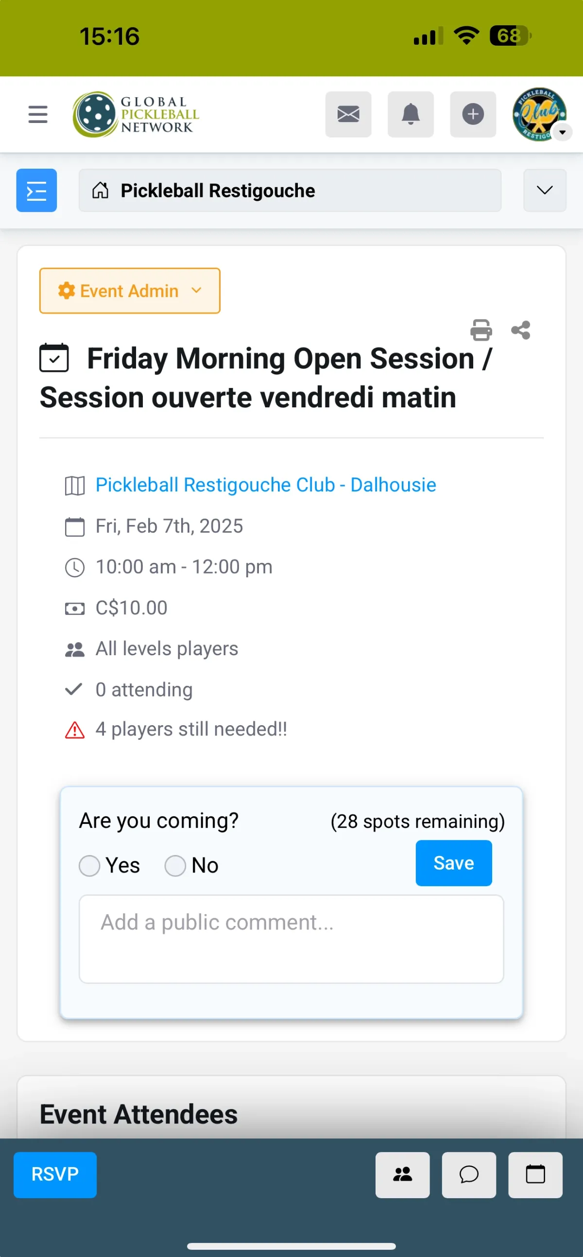 Screenshot of the event details on a phone