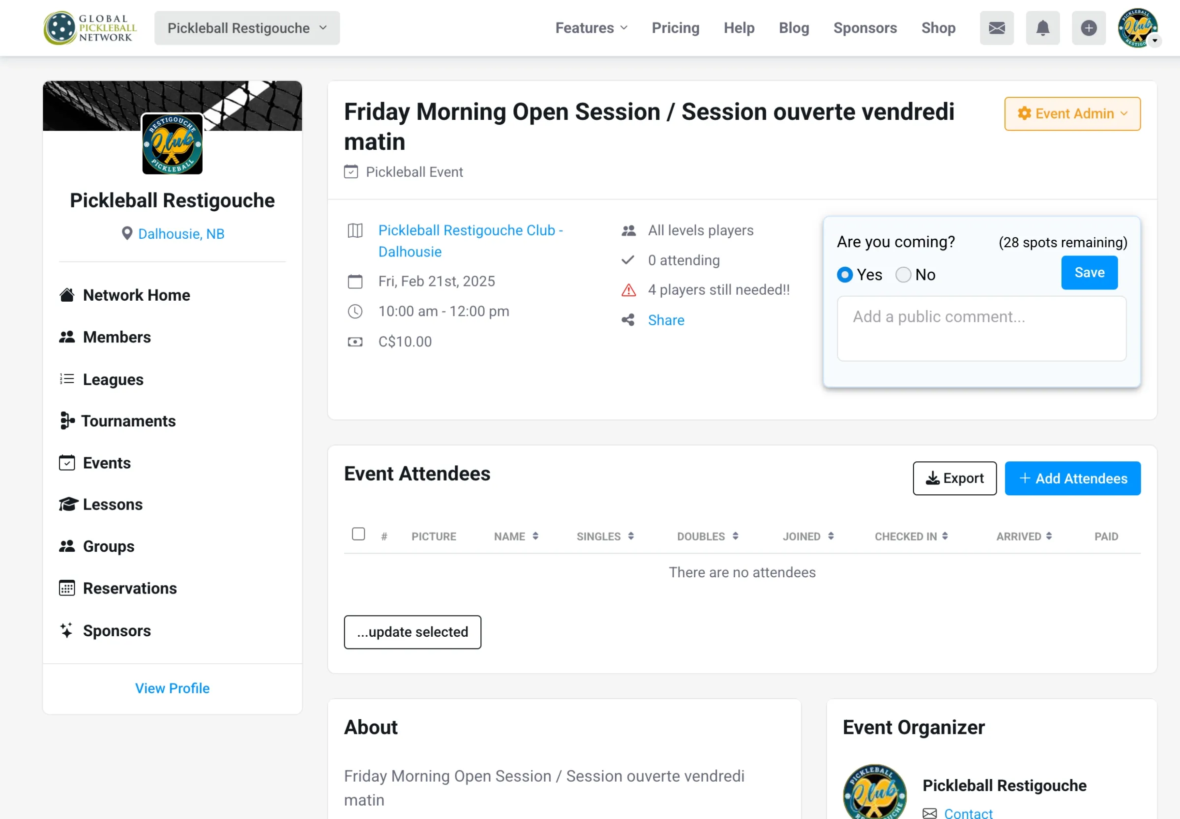 Screenshot of the event details on a computer